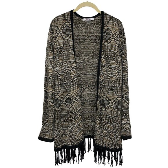 TanJay  Tan / Brown Abstract Print Open Cardigan Fringe hem size M - Picture 1 of 16